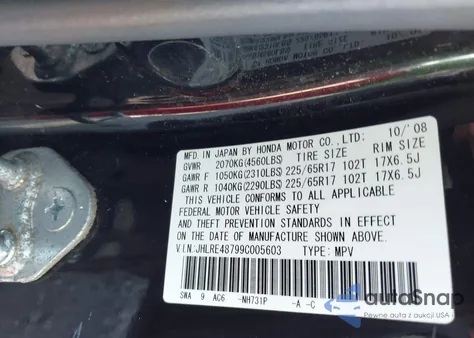 2009 Honda Cr-V Ex-L z USA, uszkodzony, nr VIN JHLRE48799C005603